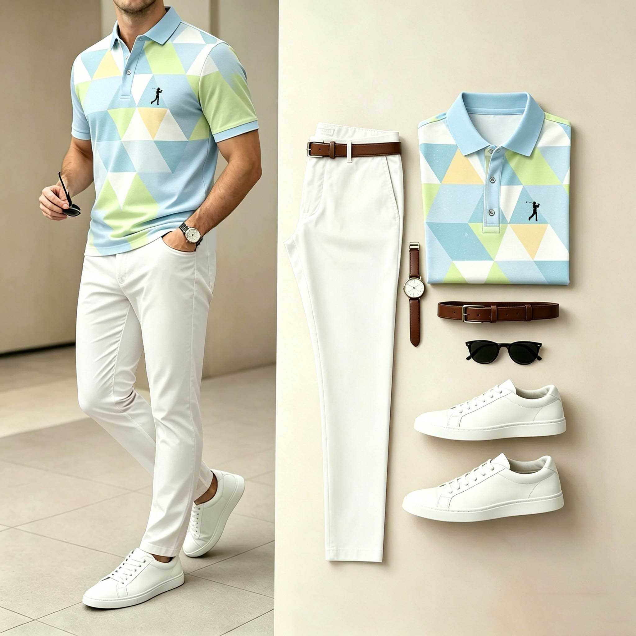 Conjunto de dos piezas casual Multicolor Triangle estampado camisa polo & pantalón para hombre