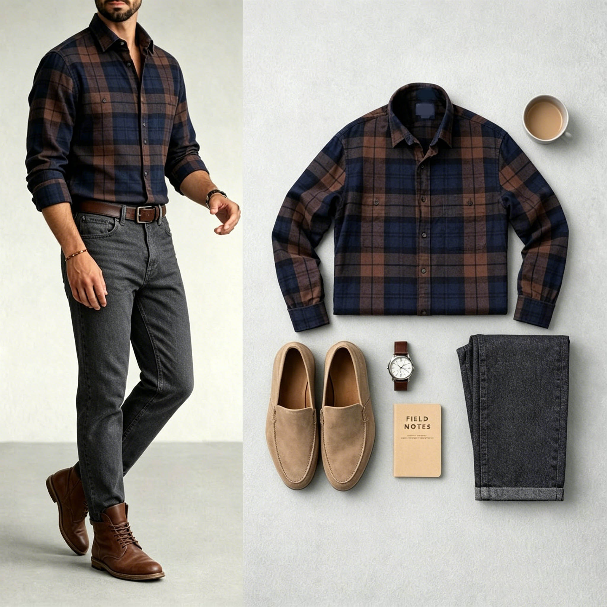 Conjunto de dos piezas Orange & Navy Blue Color Matching retro Style a cuadros estampado Lapel Collar de manga largas camisa & Jeans para hombre