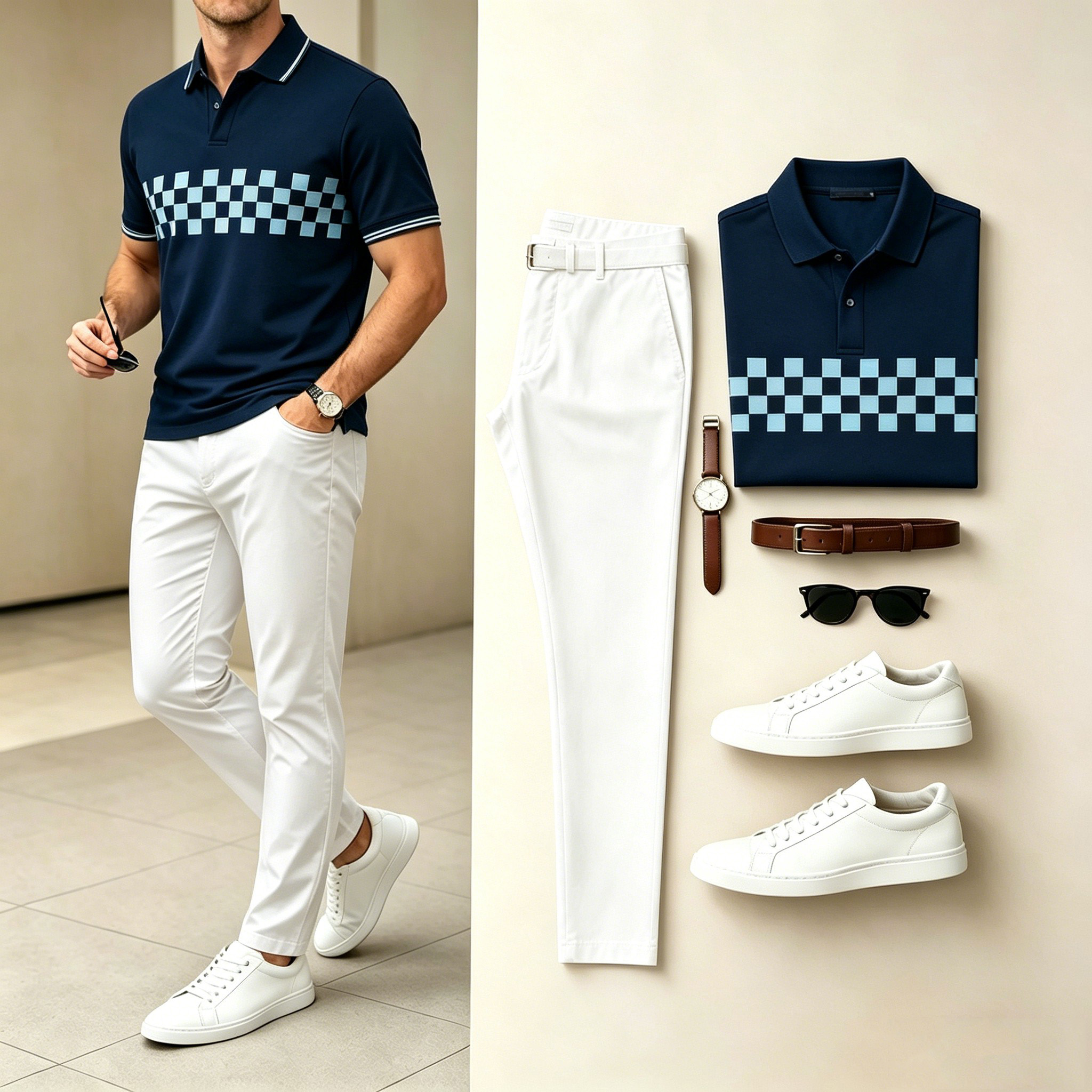 Conjunto de dos piezas casual Navy Light Blue Checker estampado camisa polo & White pantalón para hombre