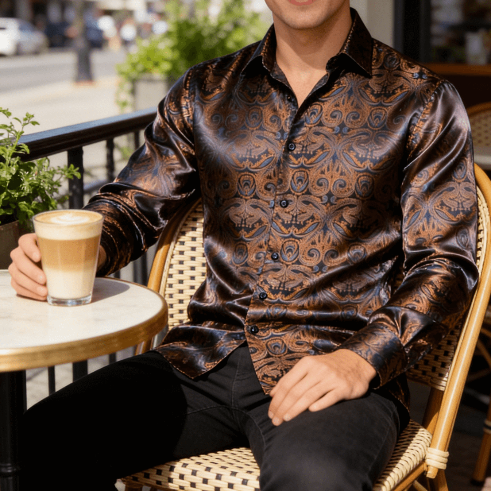 Camisa Mens Paisley de chalecoir Brown de manga larga con botones camisa