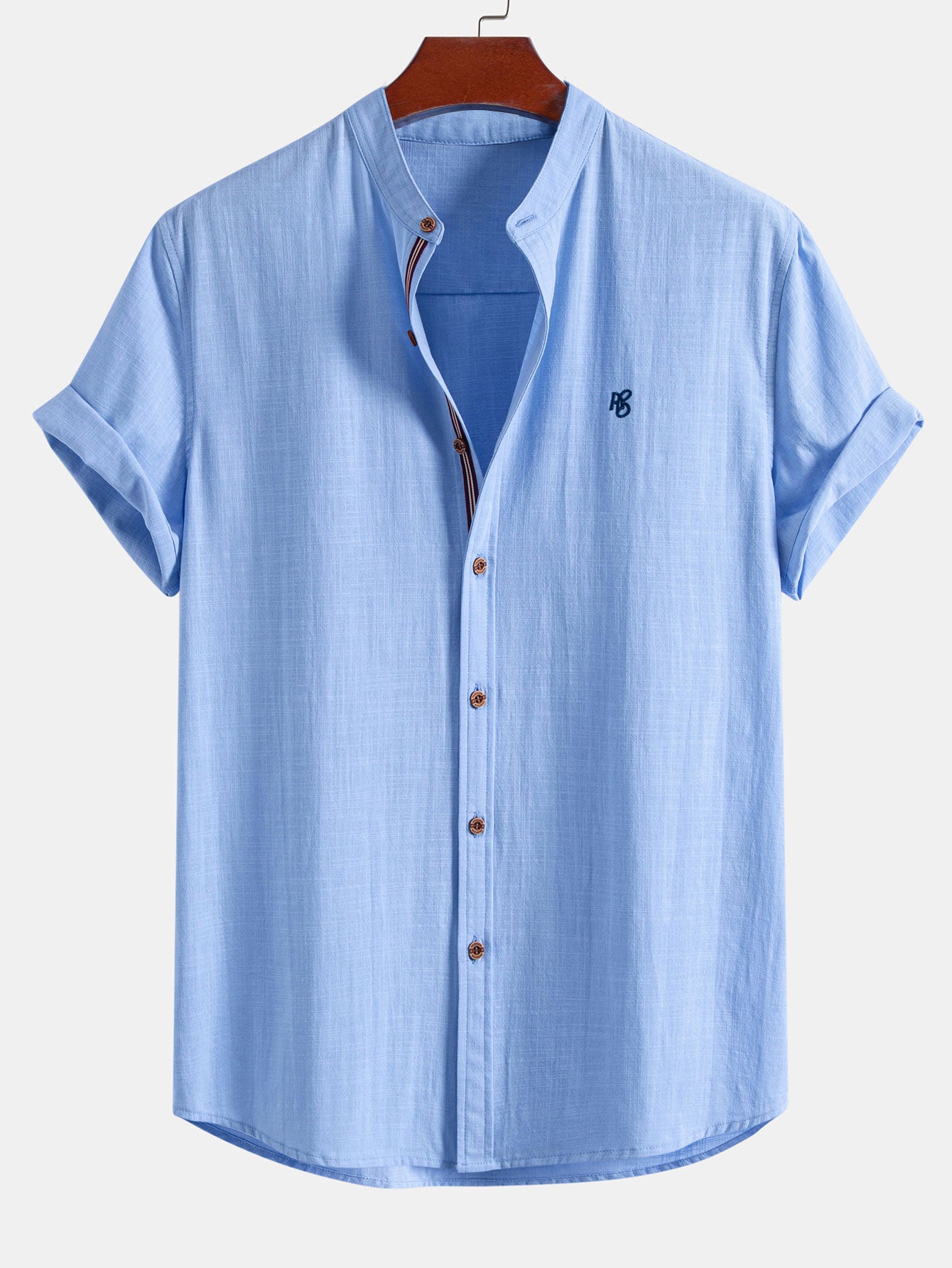 Camisa de manga corta de lino Look Stand Collar