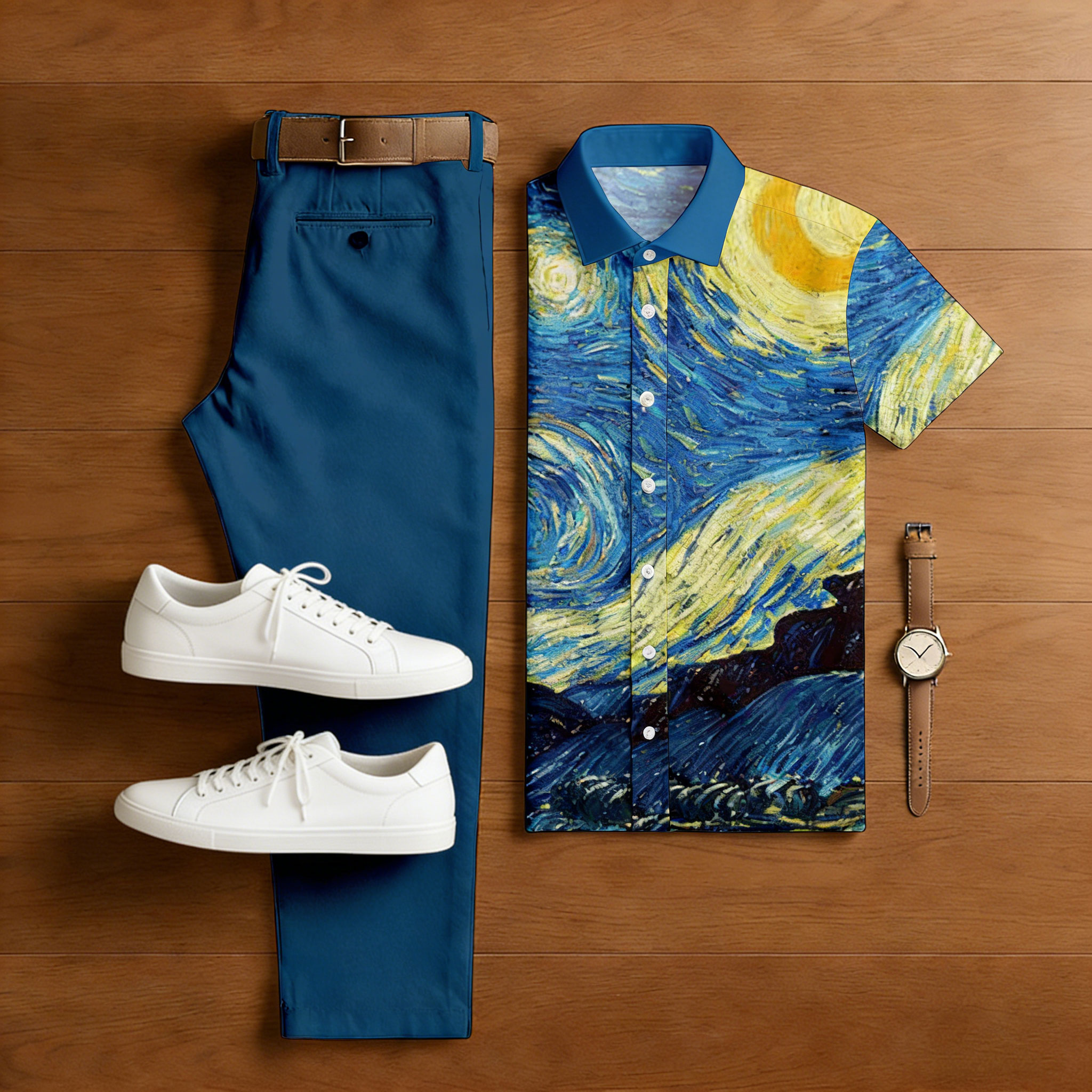Conjunto de dos piezas casual Blue Abstract estampado camisa polo And Trousers para hombre