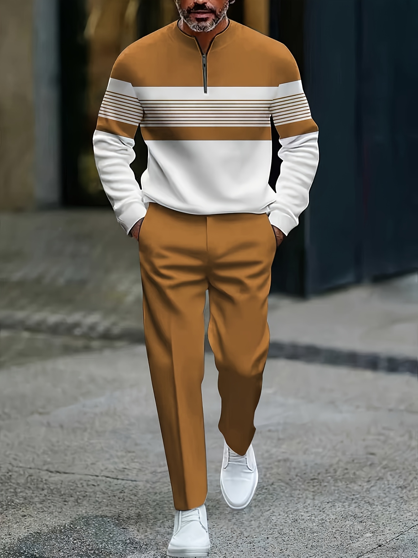 Conjunto de dos piezas casual Color Matching estampado Round-Neck Zipper de manga larga Trousers para hombre