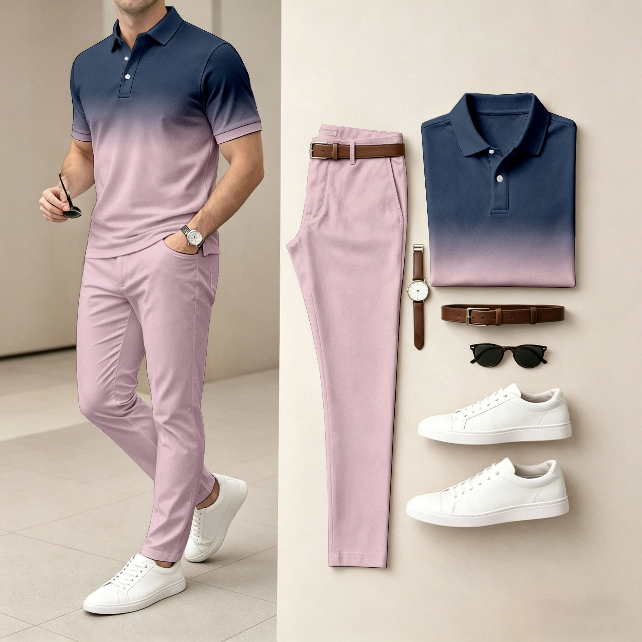 Conjunto de dos piezas Ombré Color de manga corta camisa polo and pantalón para hombre