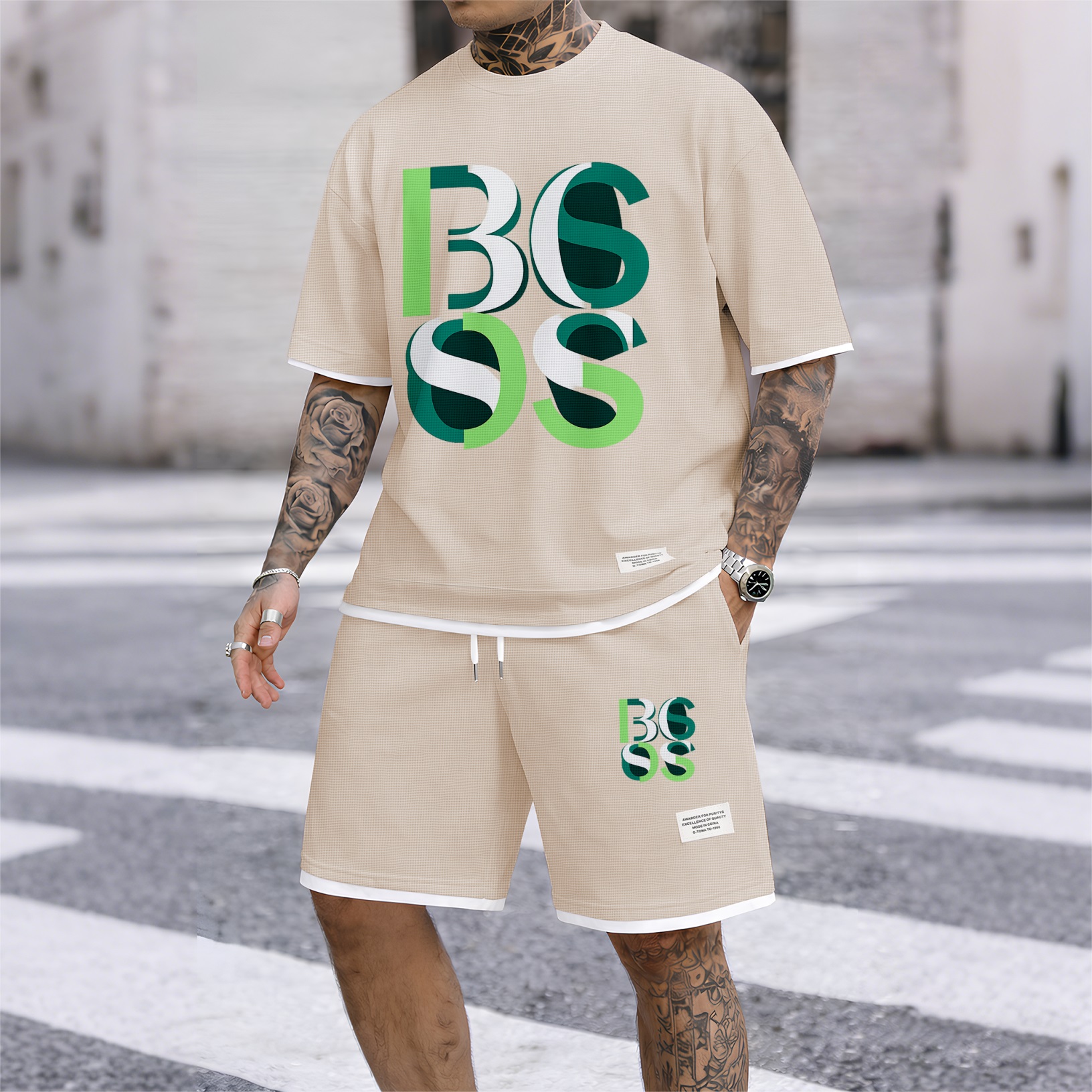 Camisa de lujo tejido tipo waffle de manga corta & shorts Set 10 para hombre