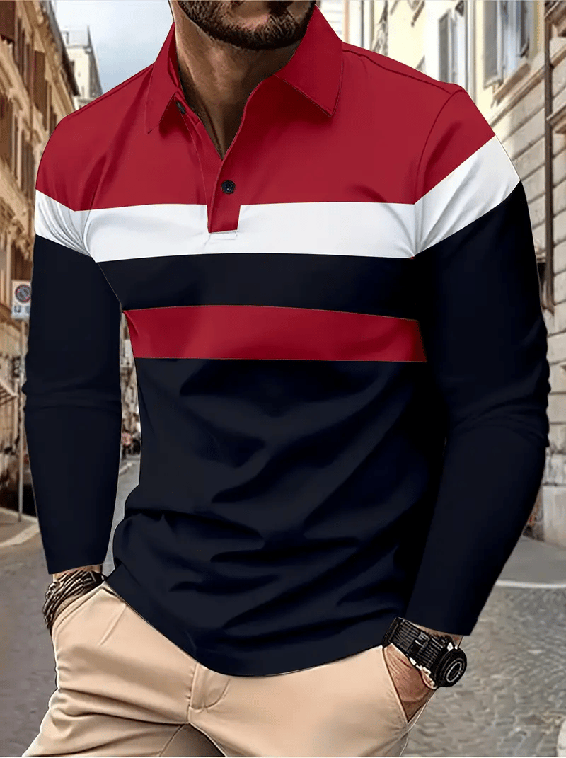 Camisa polo ejecutivo casual a rayas de manga larga para hombre