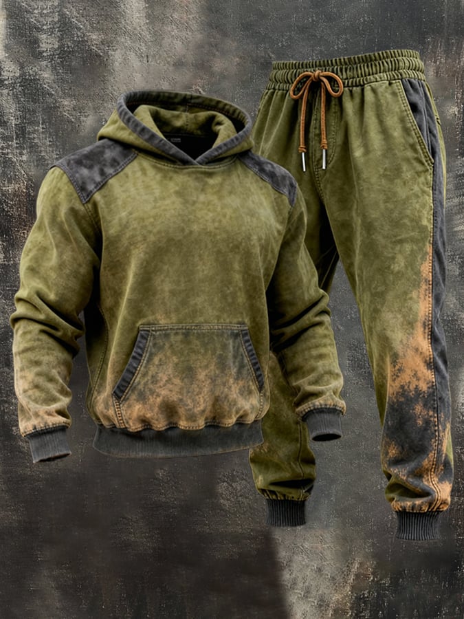 Sudadera retro desgastado Contrast Color Hooded casual Set para hombre