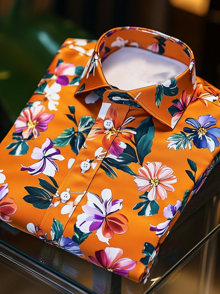 Camisa satén Luxe hawaiano Orange floral de manga corta Button para hombre