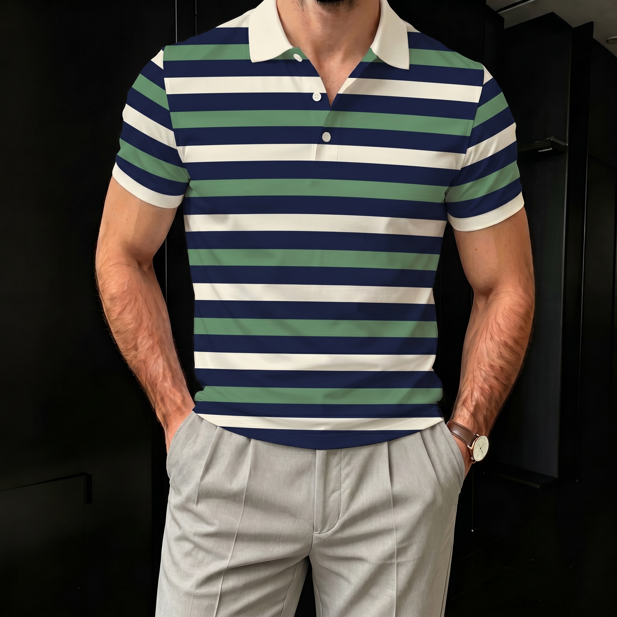Camisa polo casual Green white And Black Splice para hombre