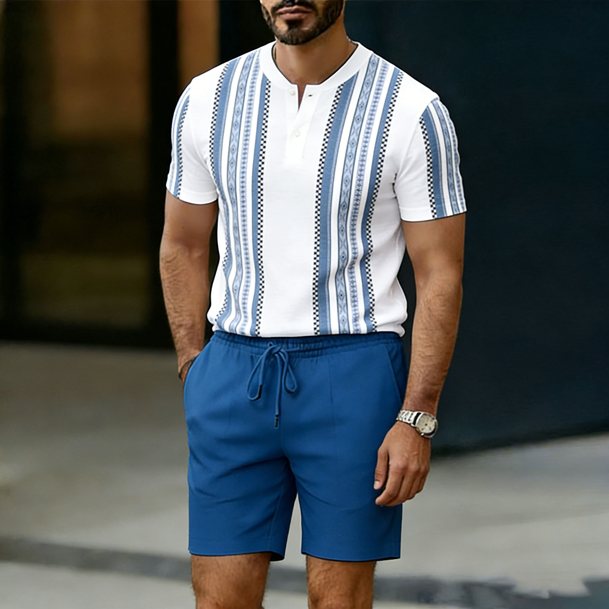 Conjunto de dos piezas casual White & Light Blue rayas estampado Crew Neck Button-Up de manga corta camiseta And shorts para hombre