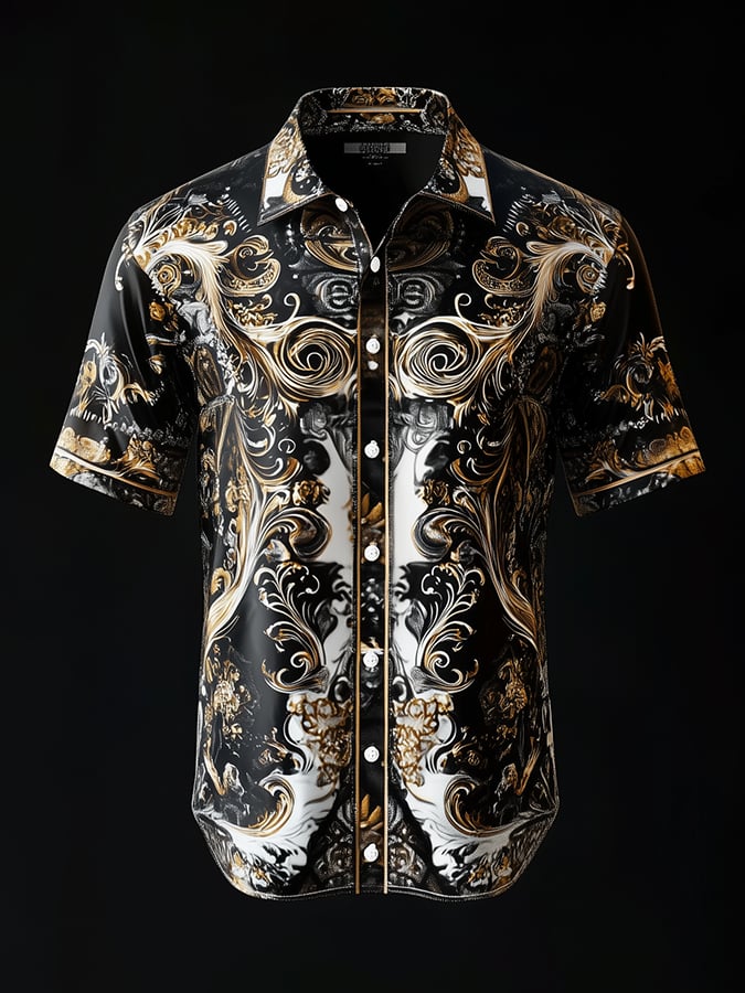 Camisa casual vintage floral Skull estampado de manga corta para hombre