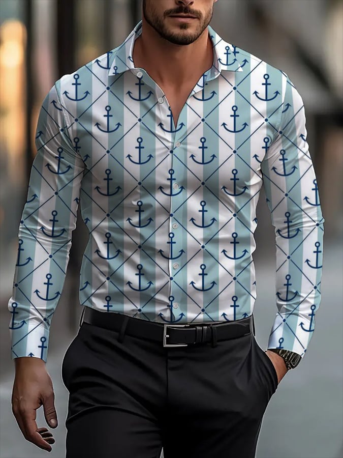 Camisa vintage Anchor de moda de manga larga solapa para hombre