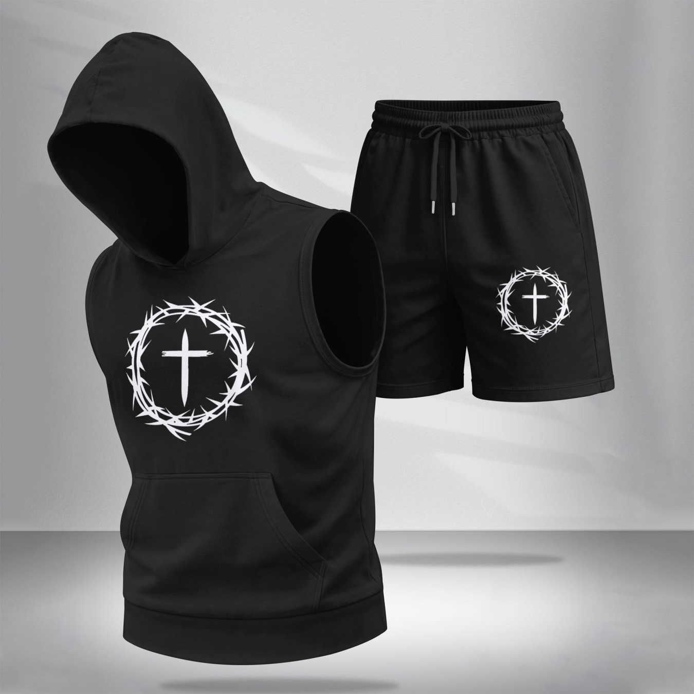 Sudadera con capucha Two-Piece Summer Set – Sleeveless & shorts with Faith Cross estampado, casual Sportwear, Athletic para exterior Outfit, Summer Street Style for Men, TikTok Hot Selling para hombre