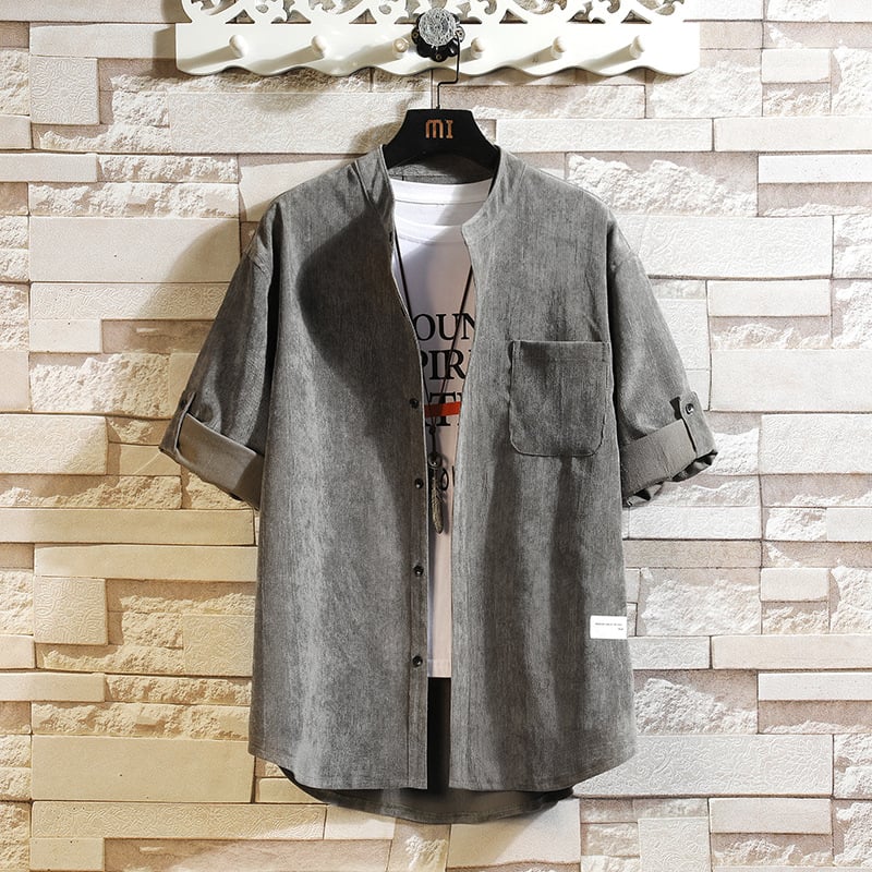 Camisa pana Middle Sleeve Thickened retro de color sólido para hombre