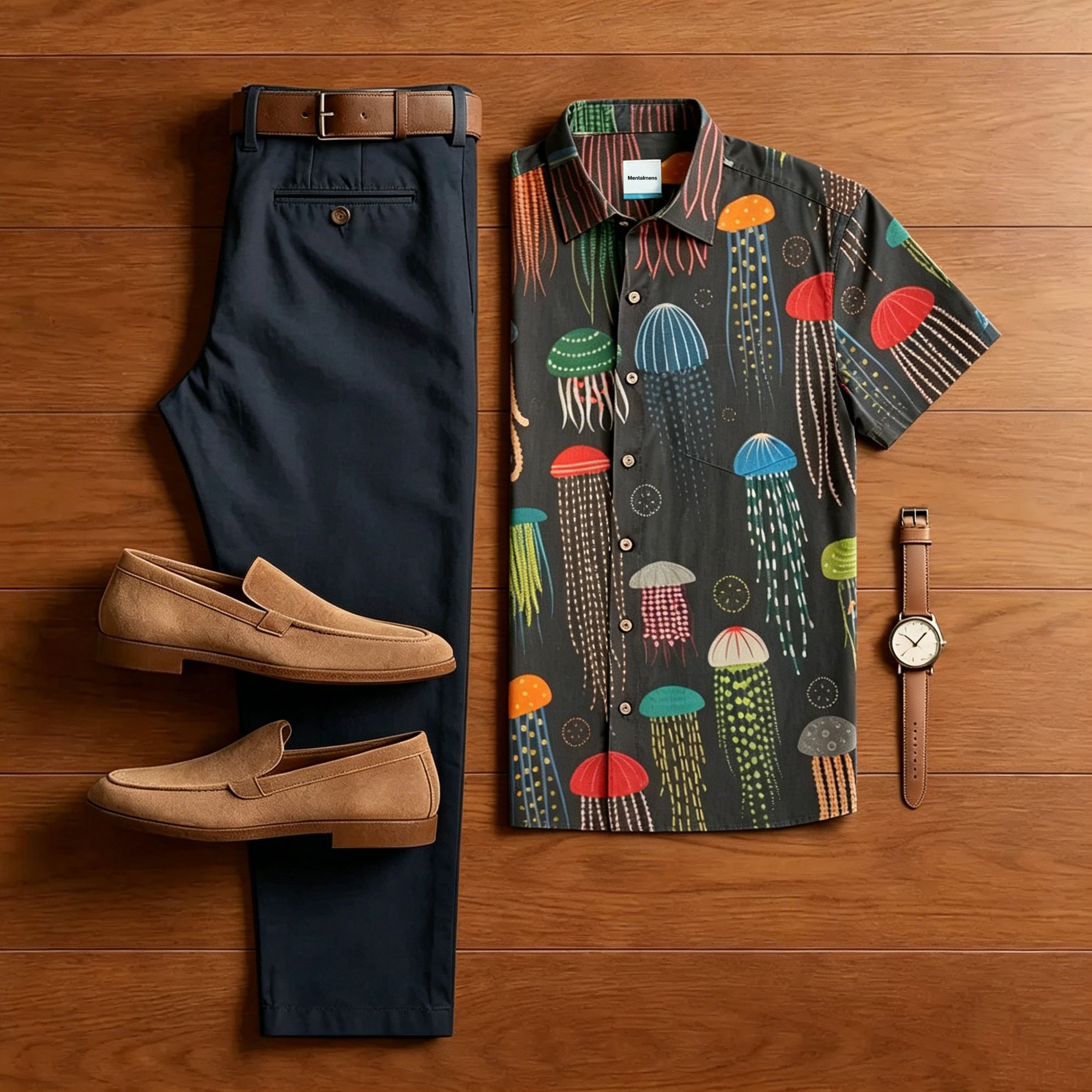 Conjunto de dos piezas retro Style Colorful Jellyfish estampado With Polo Collar camisa & pantalón para hombre