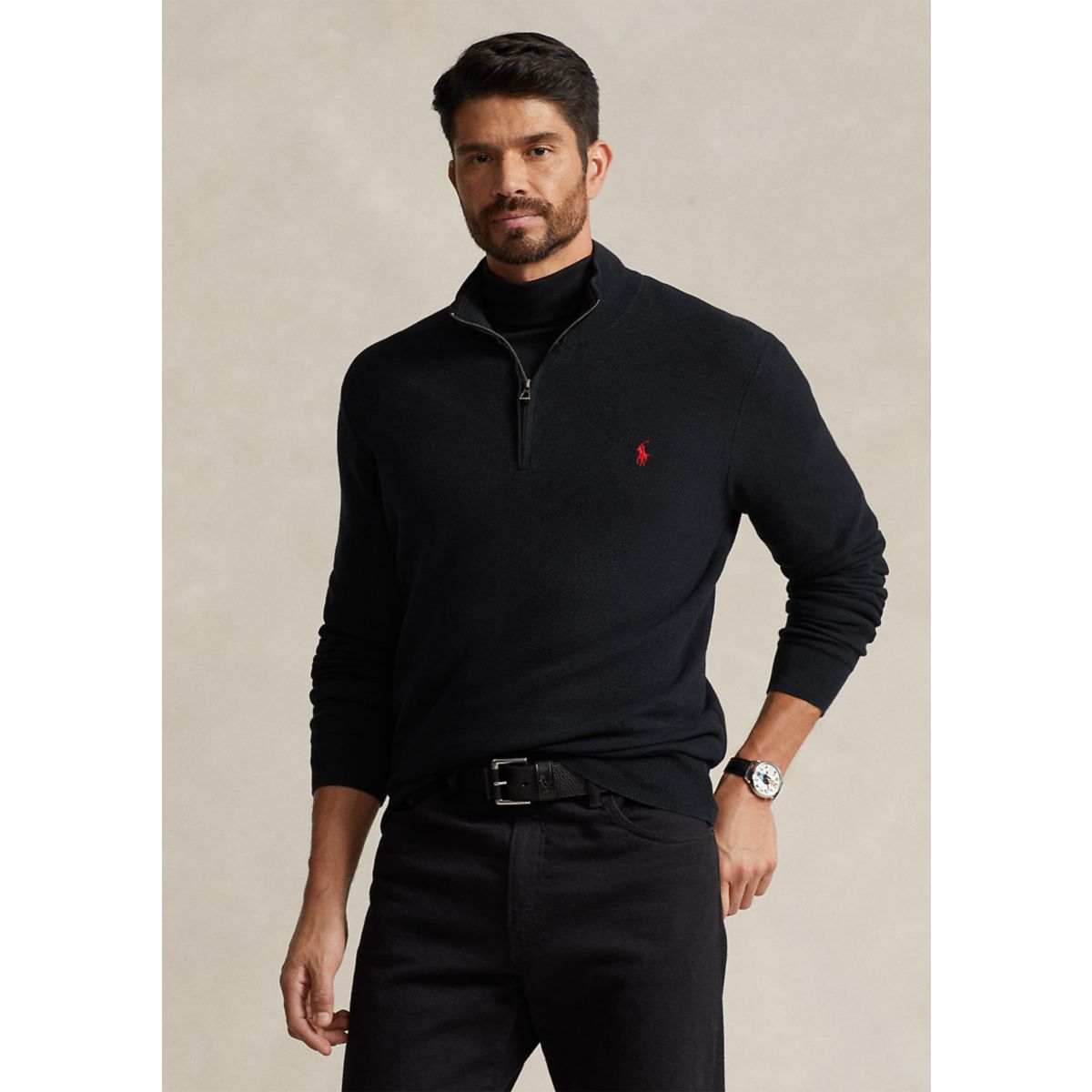 Big & Tall Mesh Knit Cotton Quarter Zip Sweater - 1