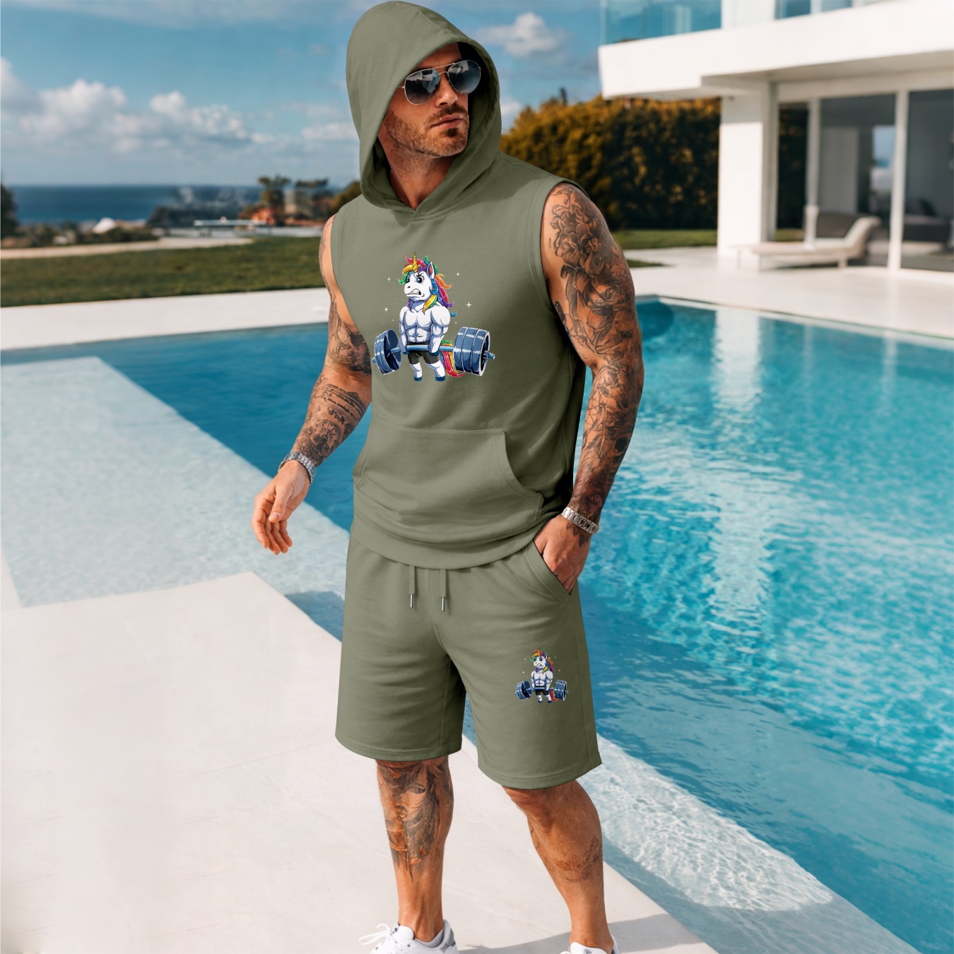 Sudadera con capucha Sleeveless & shorts Set – Muscle Unicorn estampado, casual Summer Two-Piece Outfit, Regular Fit Athletic Streetwear, TikTok Trending Gym de moda, Lightweight Summer Activewear para hombre