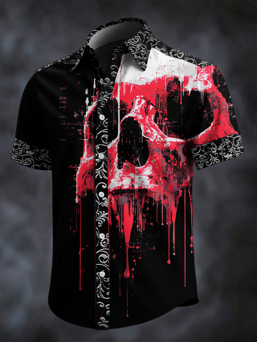 Camisa retro Skull estampado solapa de manga corta para hombre