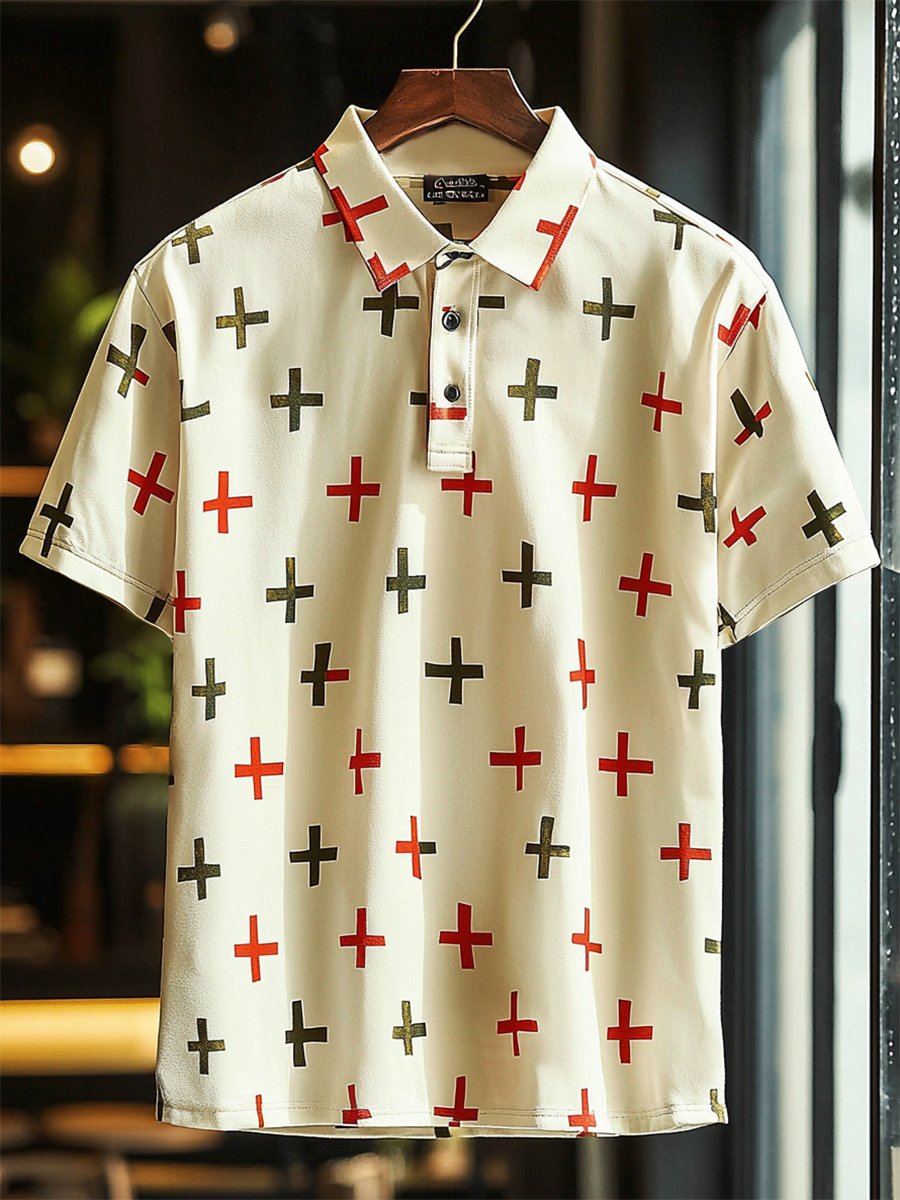 Camisa polo ejecutivo casual Cross estampado Button de manga corta para hombre