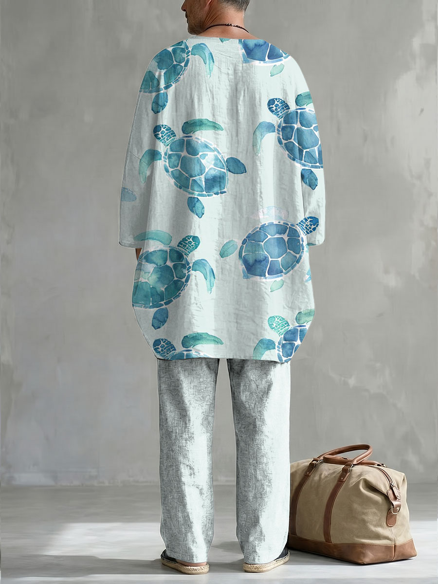 Summer Colorful Sea Turtle Decorative Pattern de manga larga de algodón de lino Top And pantalón conjunto de dos piezas