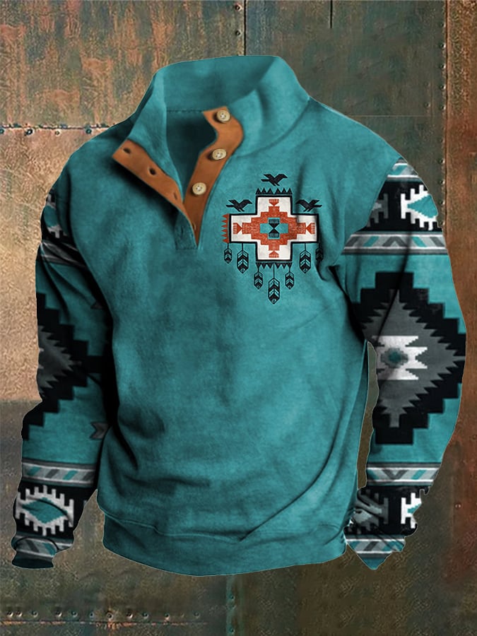 Sudadera Western Style estampado Stand cuello Button para hombre