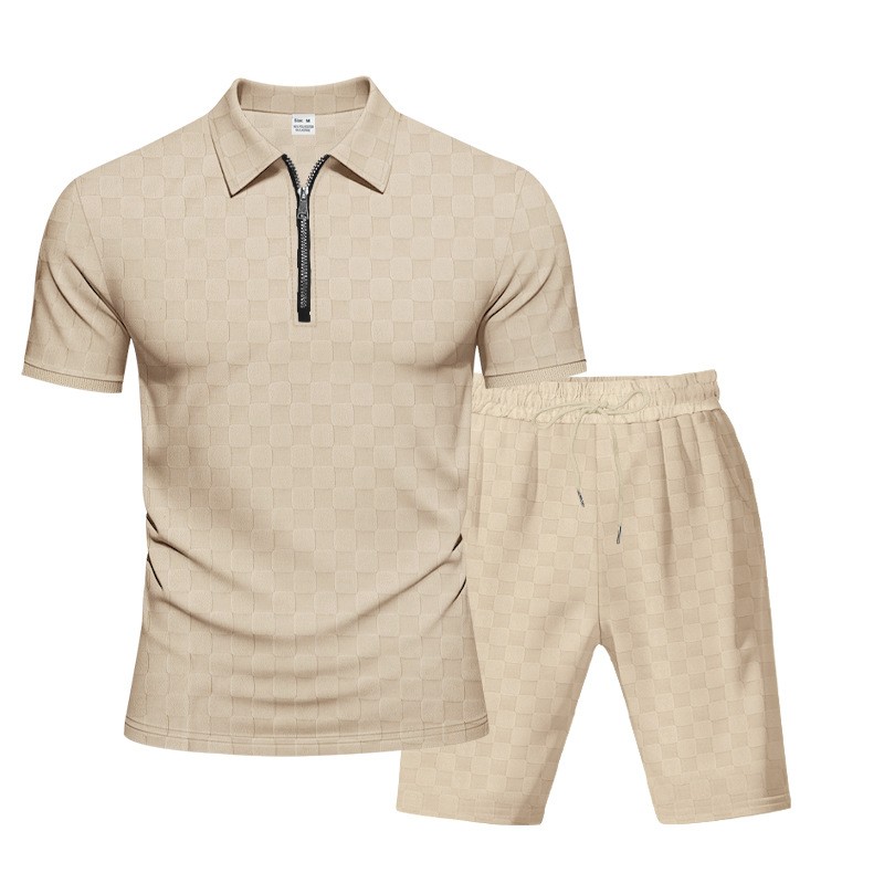 Conjunto de dos piezas Checkerboard Jacquard camisa polo and shorts Set, casual Half Zip de manga corta Collared Summer Outfit, Lightweight transpirable holgado Fit , Comfortable elegante Streetwear for para uso diario Wear Travel Vacation Resort Lounge para hombre