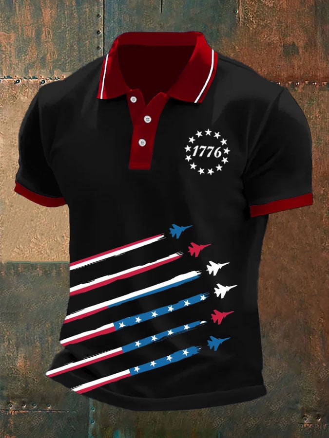 Camisa polo Independence Day retro Flag Fighter diseño para hombre