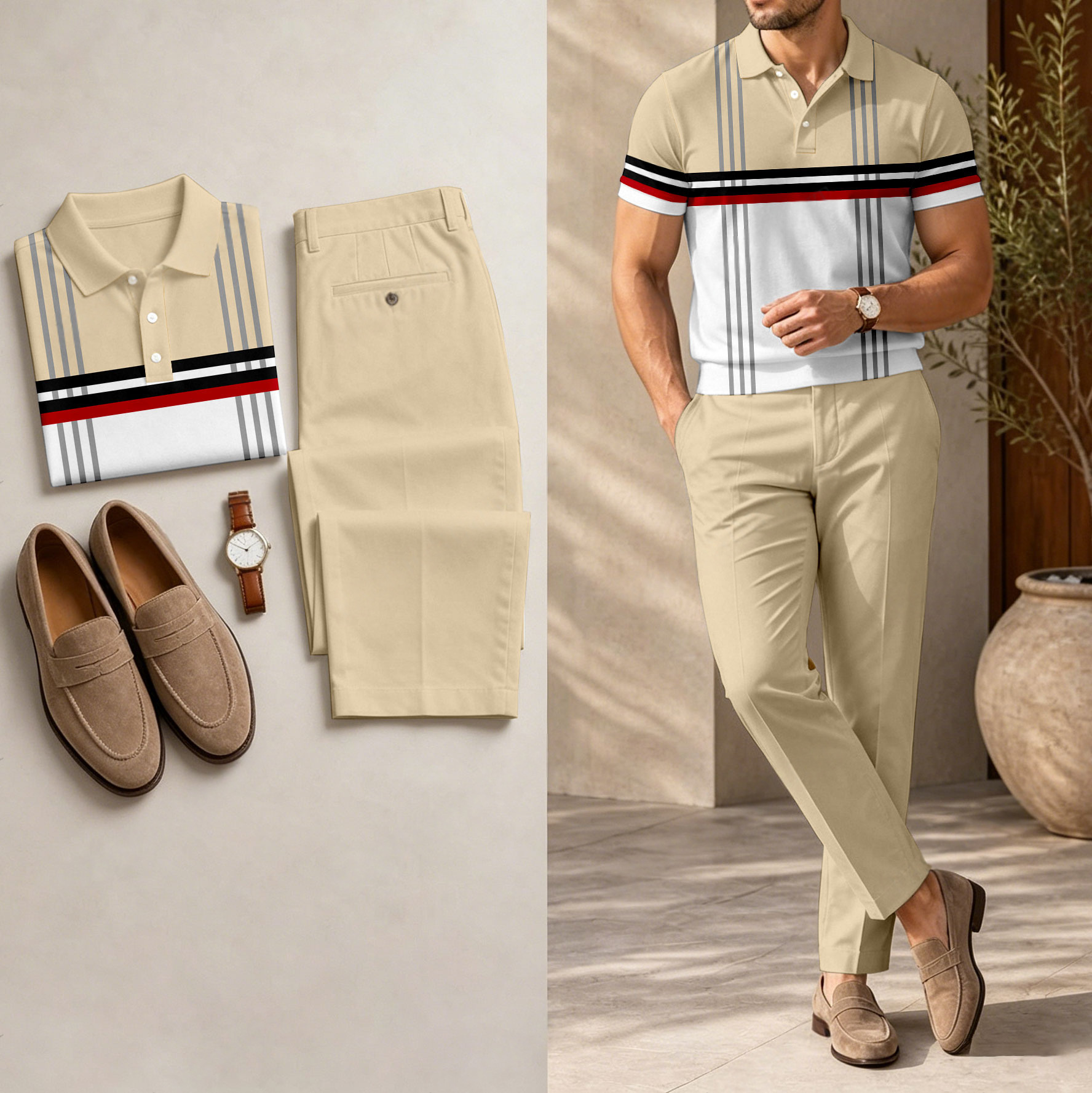 Conjunto de dos piezas casual Apricot estampado camisa polo And pantalón para hombre
