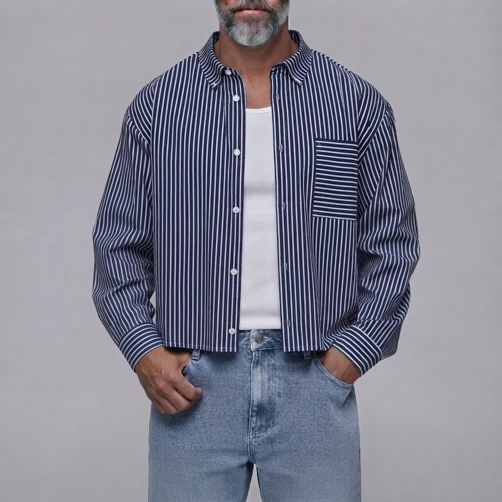 Camisa clásico a rayas estampado Chest Pocket con botones de manga larga para hombre