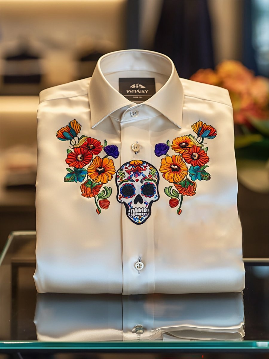Camisa satén Luxe Skull de manga larga con botones para hombre