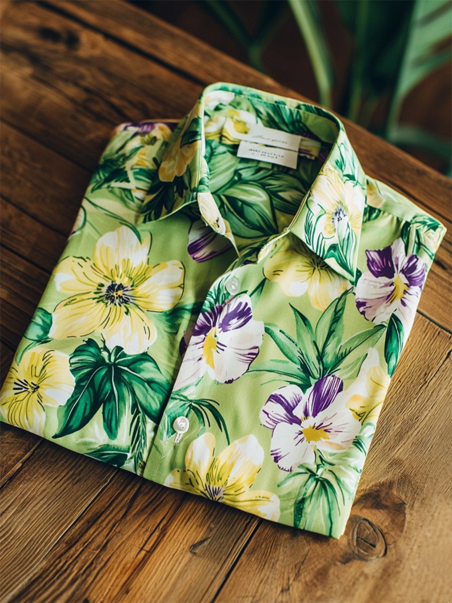 Camisa satén Luxe hawaiano estampado de manga corta Button para hombre