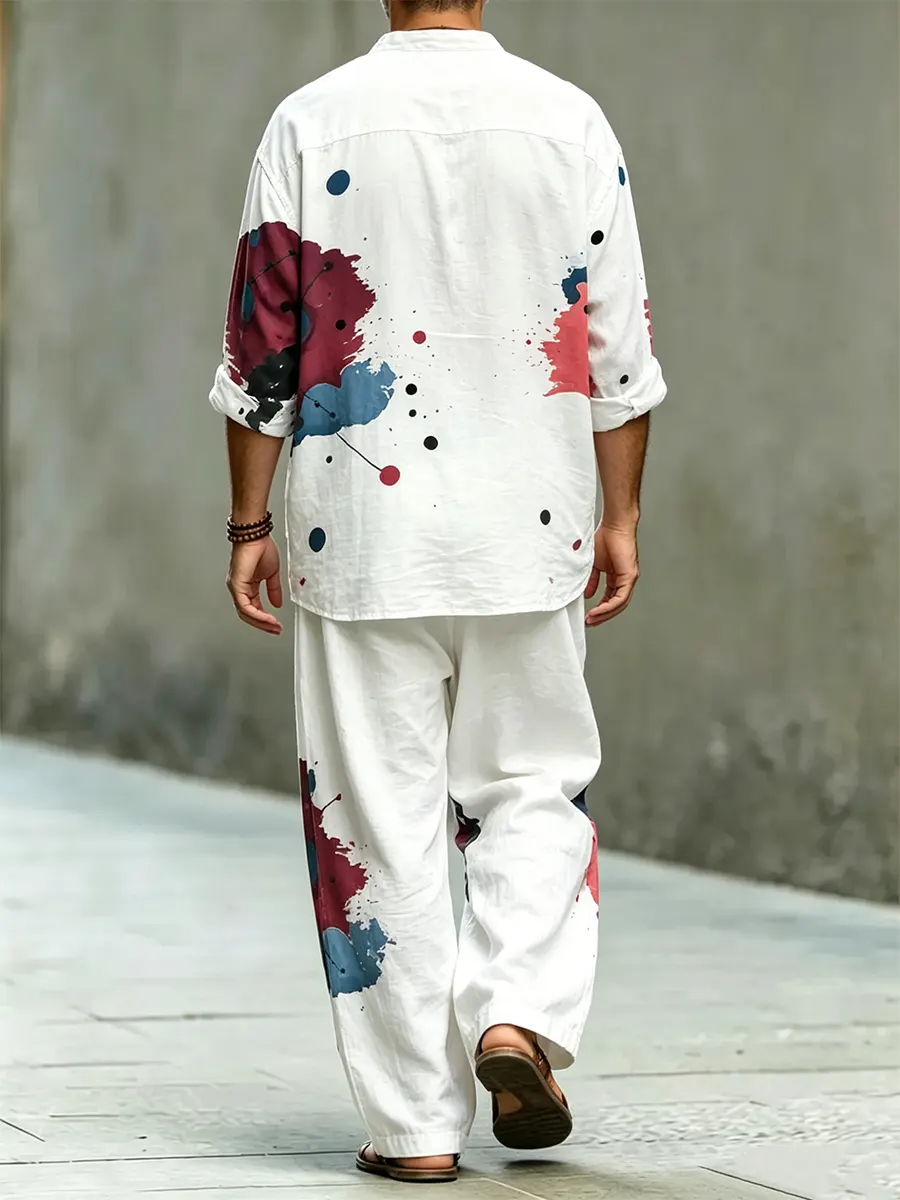para hombre elegante Abstract Art Print de algodón camisa Set
