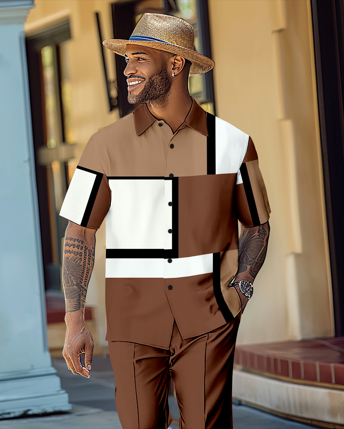 Camisa Gradient en bloques de color de manga corta Walking Suit 1117 para hombre