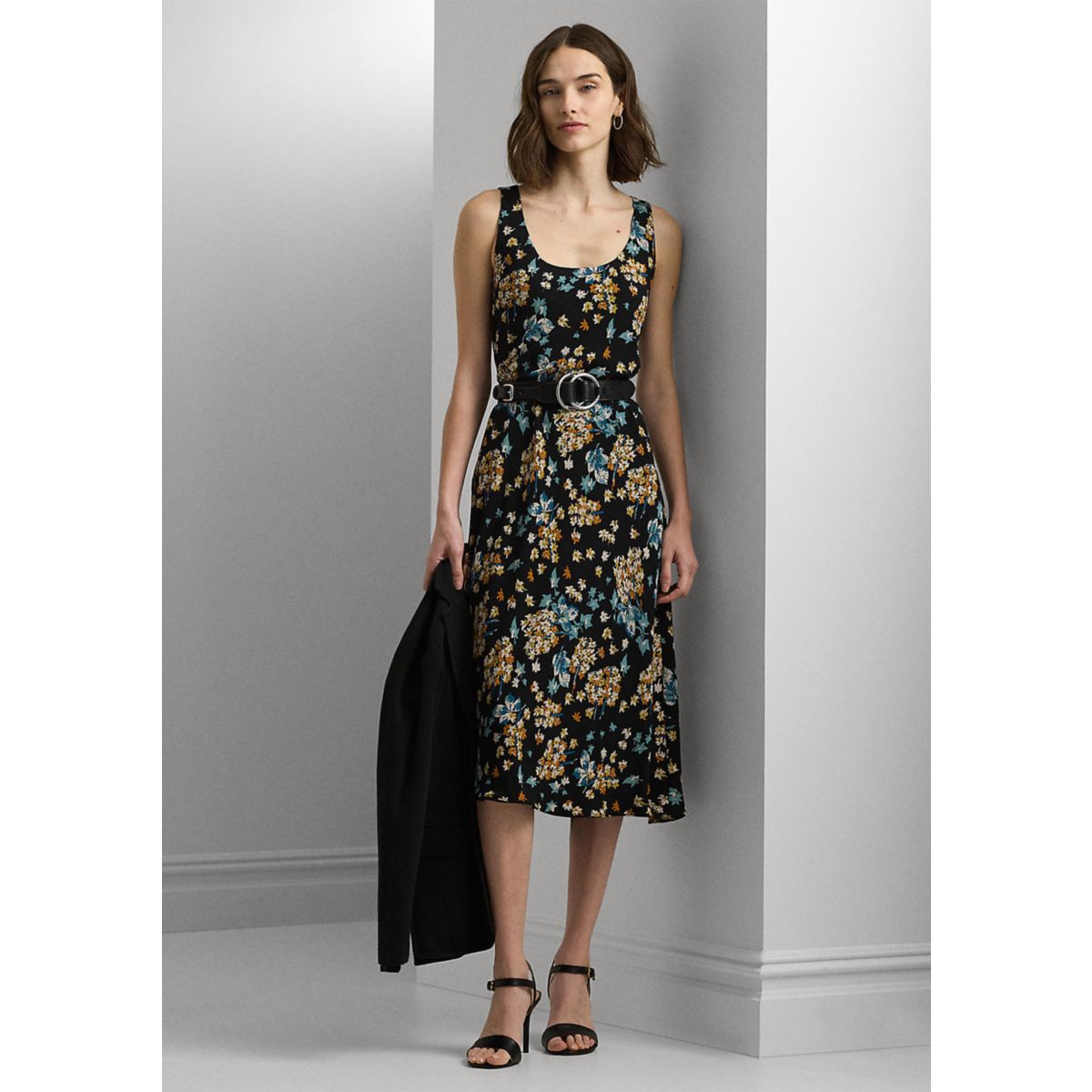 Women's Floral Belted Crepe Sleeveless Dress - 1