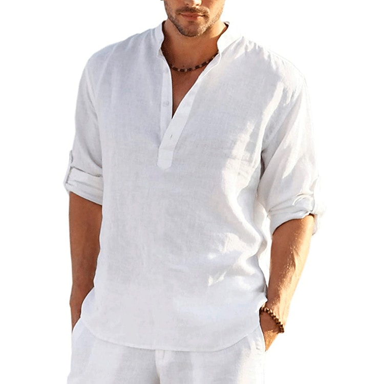 Camisa de lino camisa Band cuello camisa Popover camisa Summer camisa Beach Wear de color sólido hawaiano Holiday Black White Yellow Pink de manga larga Henley Summer Spring Clothing Apparel con botones para hombre - vista 5