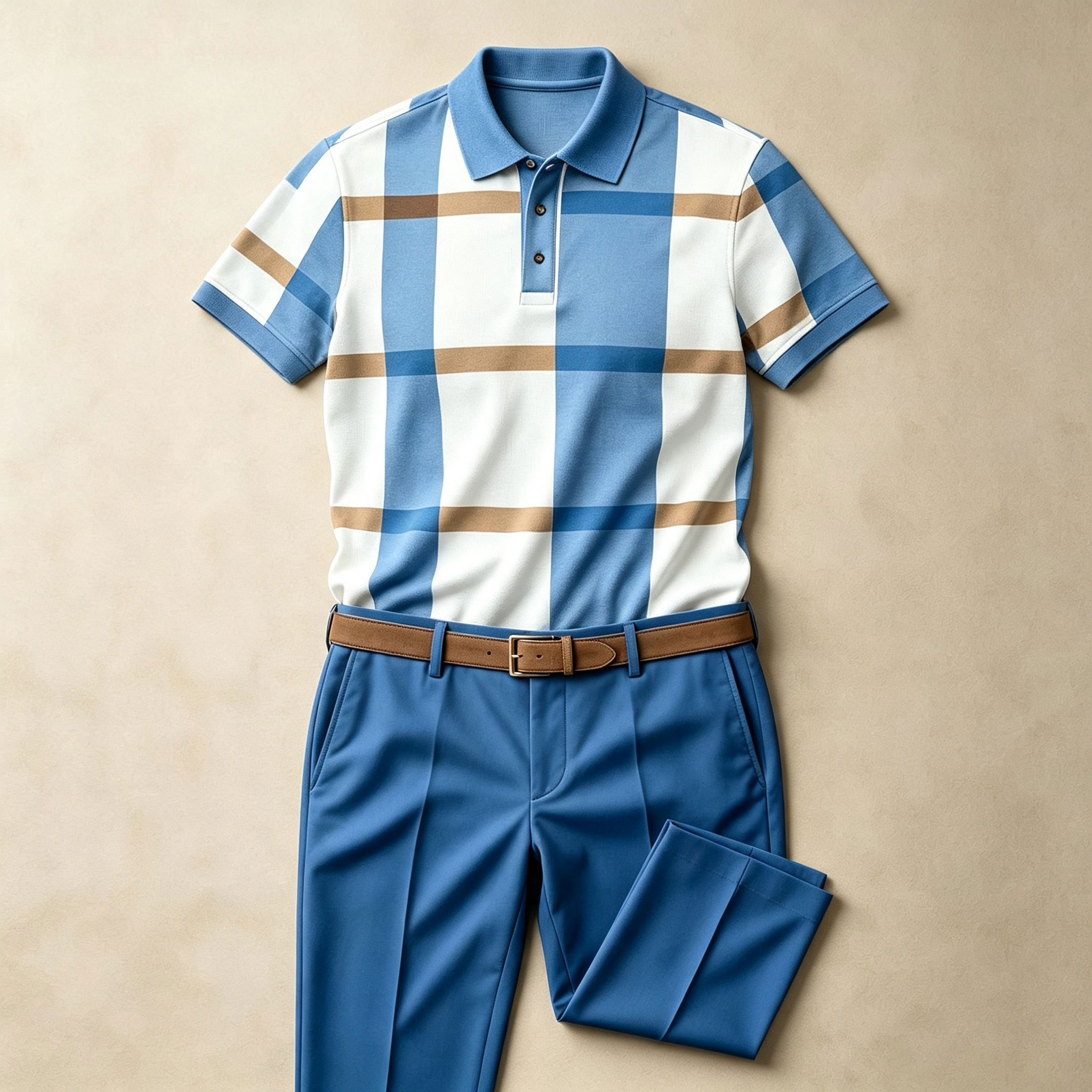 para hombre Checkered de manga corta camisa polo and pantalón conjunto de dos piezas