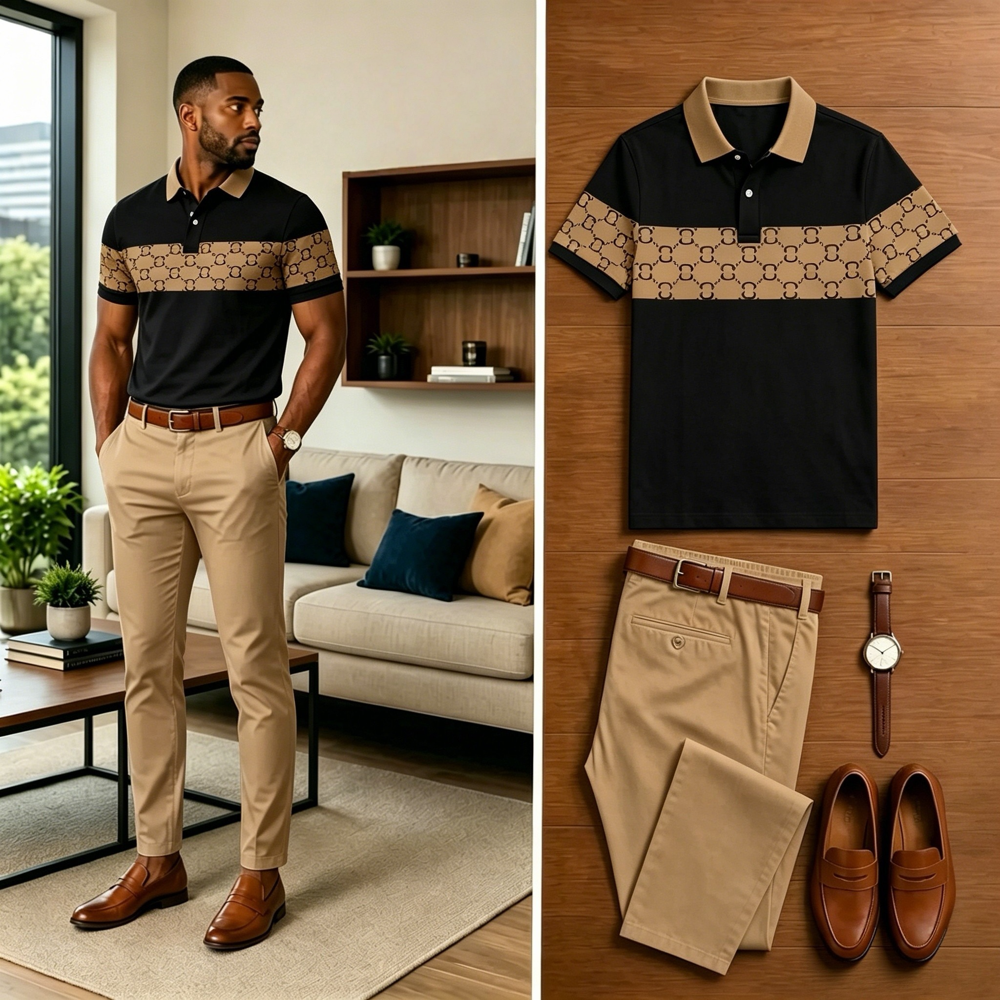 Conjunto de dos piezas casual floral estampado camisa polo And pantalón para hombre