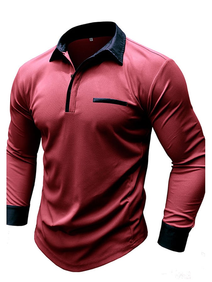 Camisa polo de moda en bloques de coloring Half Button de manga larga para hombre