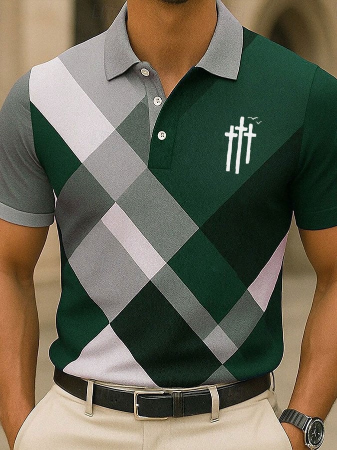 Camisa polo retro Contrast Faith Cross estampado casual para hombre