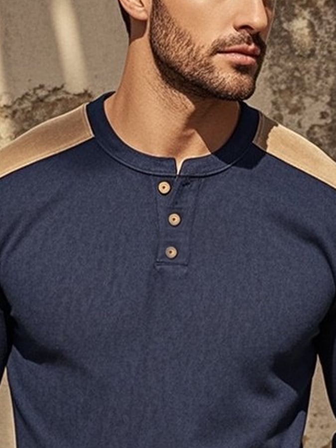 Camisa casual retro casual Colorblock de manga larga Henley para hombre