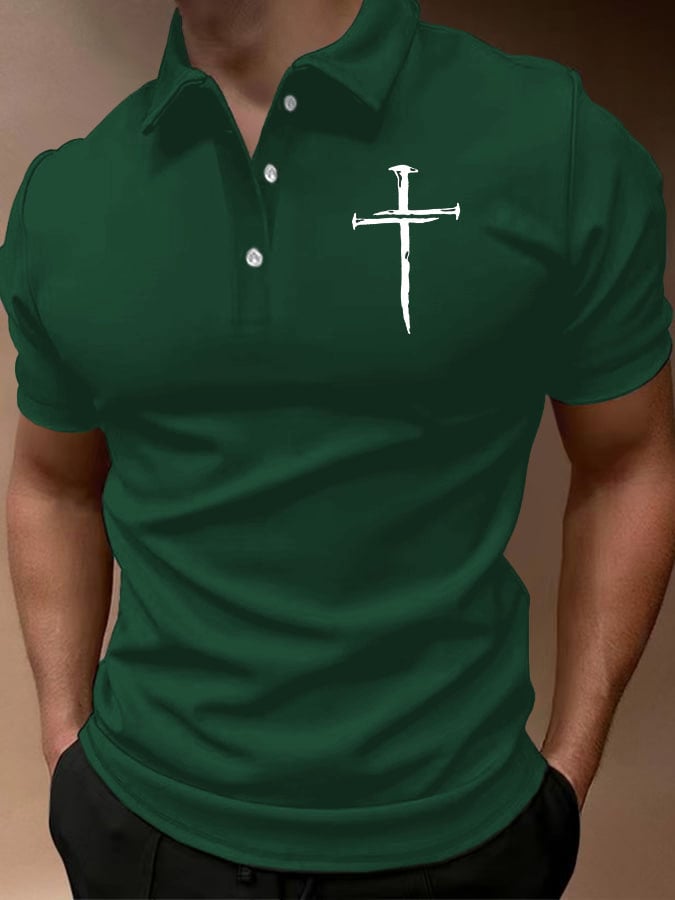 Casual Cross estampado Button cuello Polo Top para hombre