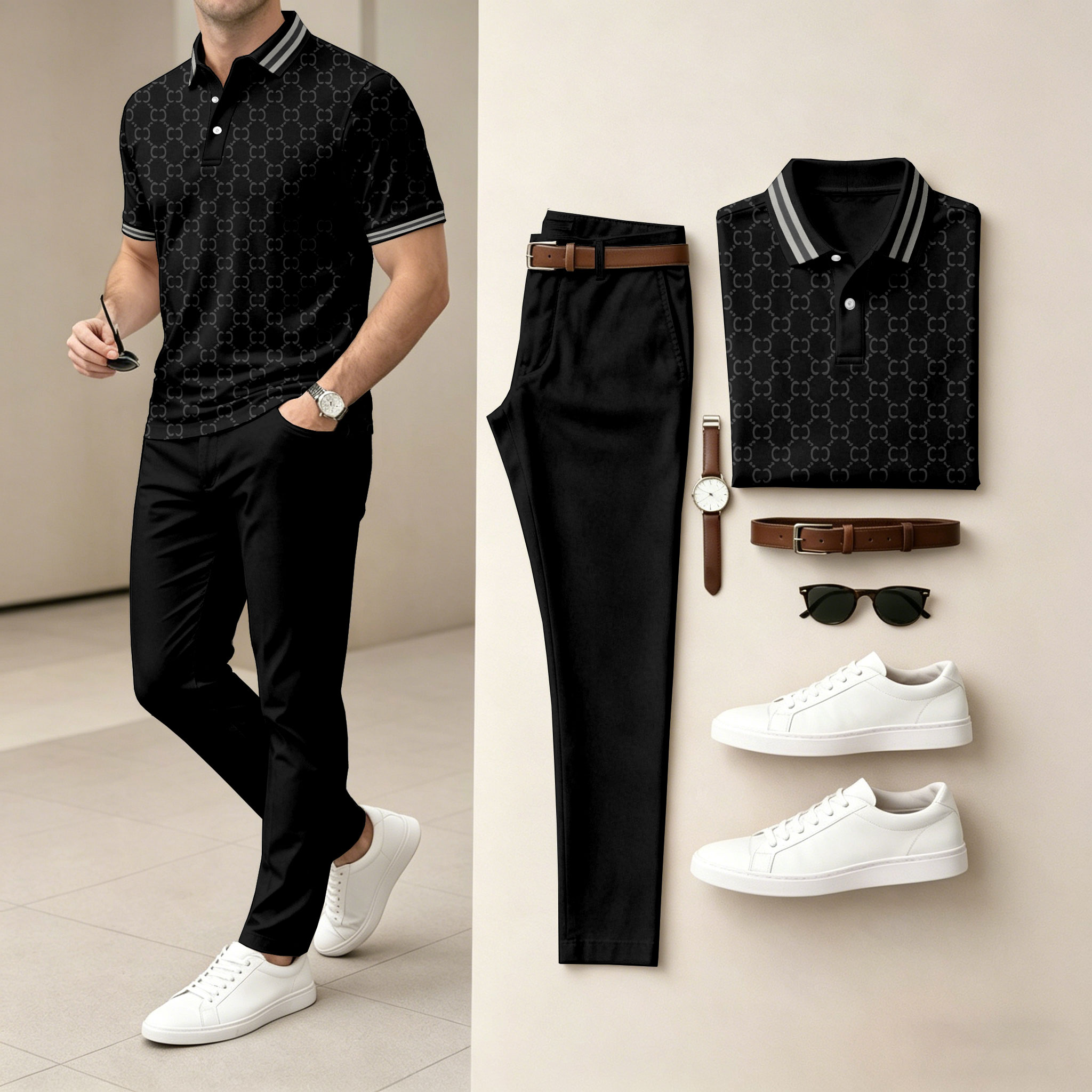 para hombre Black estampado de manga corta camisa polo and pantalón conjunto de dos piezas