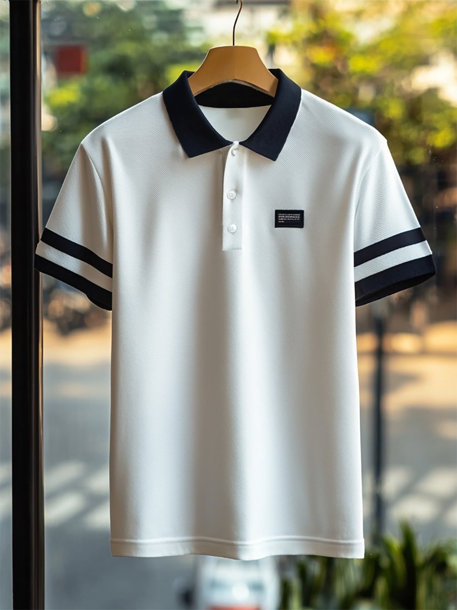 Camisa polo ejecutivo rayas Logo con botones de manga corta para hombre