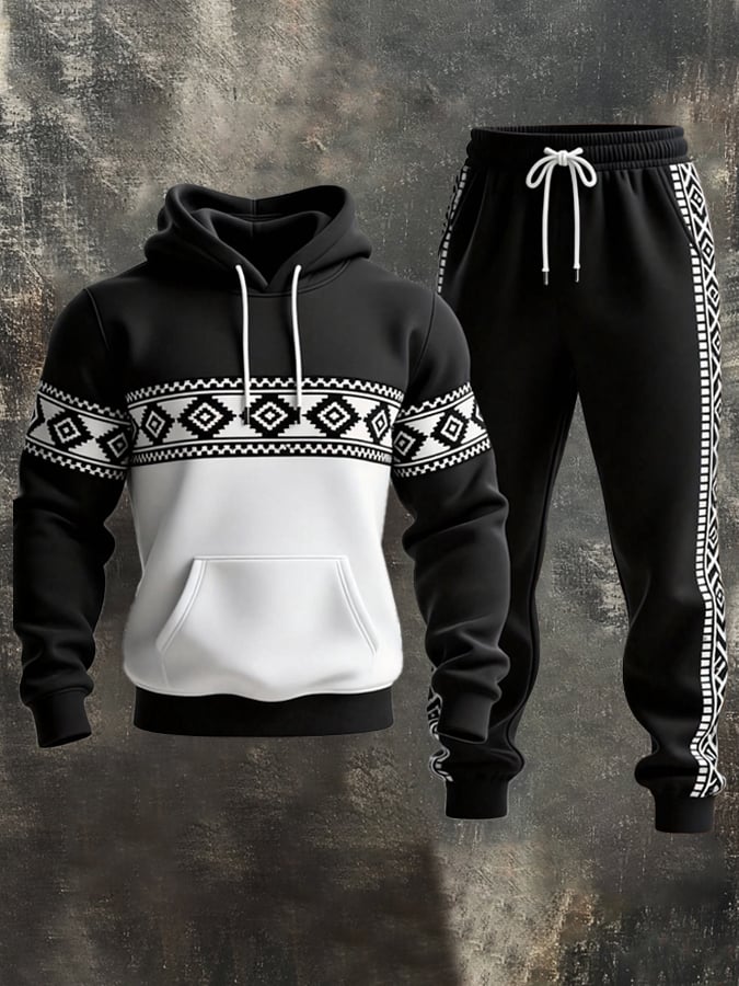 Sudadera retro desgastado Contrast Color Hooded casual Set para hombre