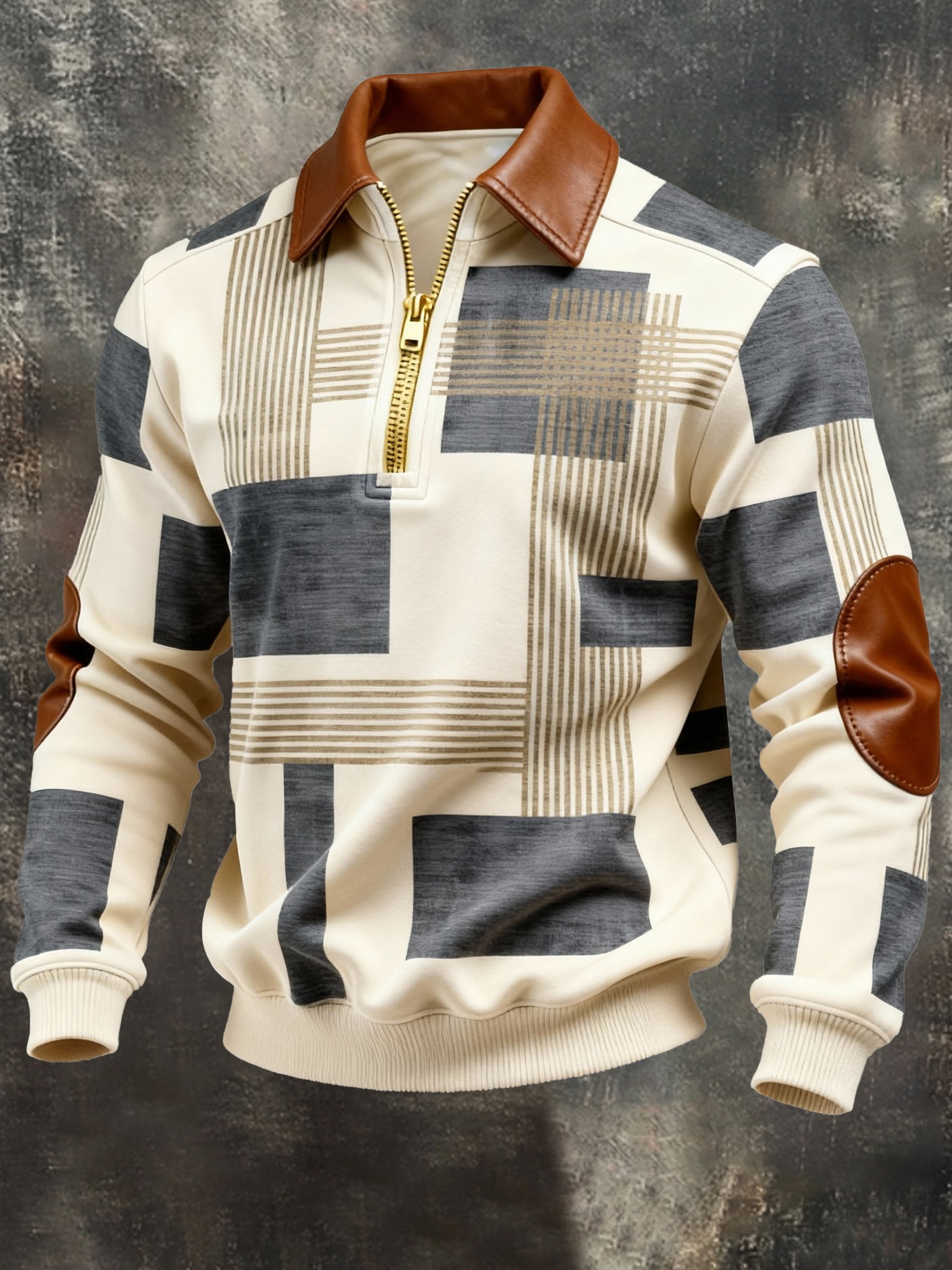 Sudadera vintage Color-Block estampado con cierre con gorrasucha para hombre