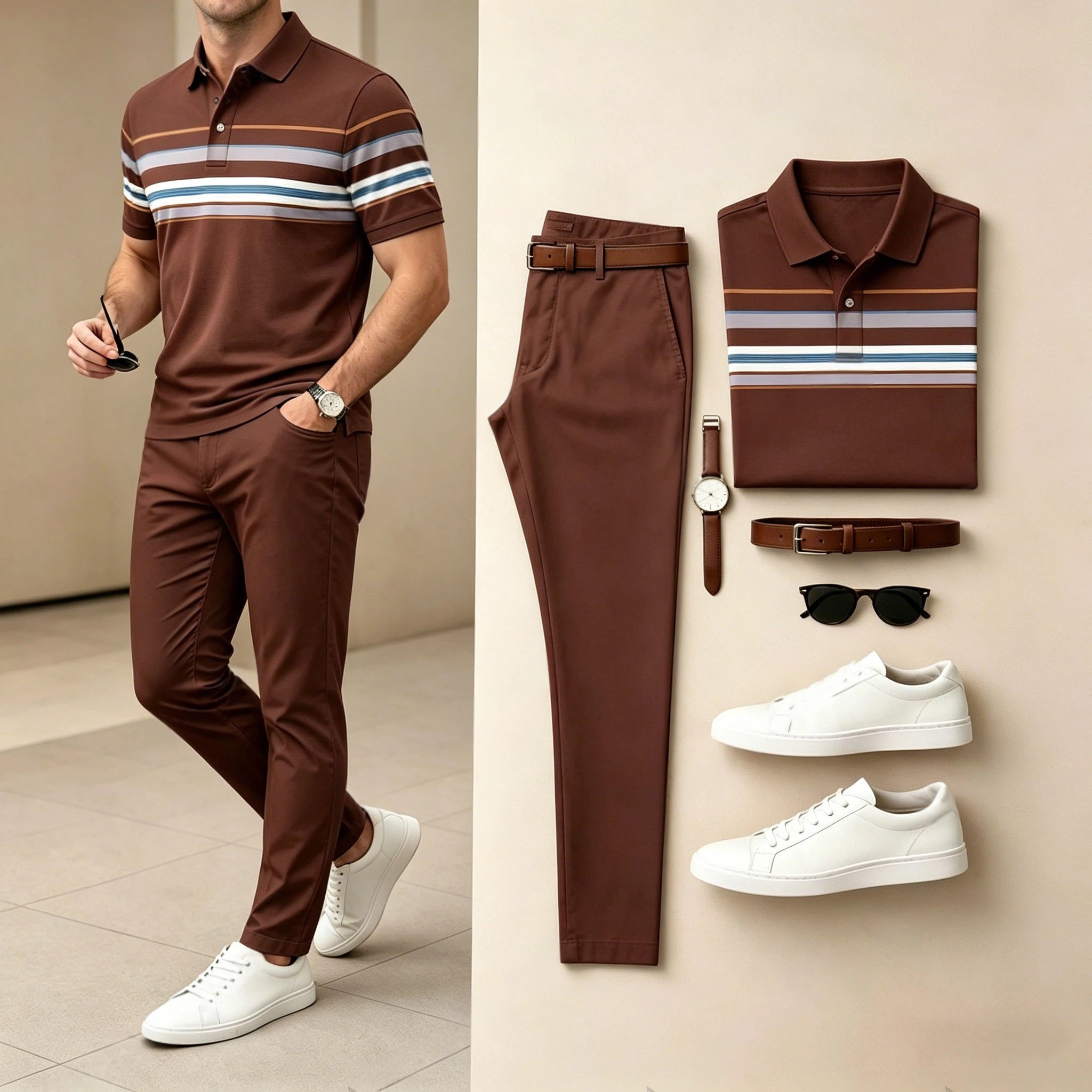 Conjunto de dos piezas casual estampado camisa polo And pantalón para hombre