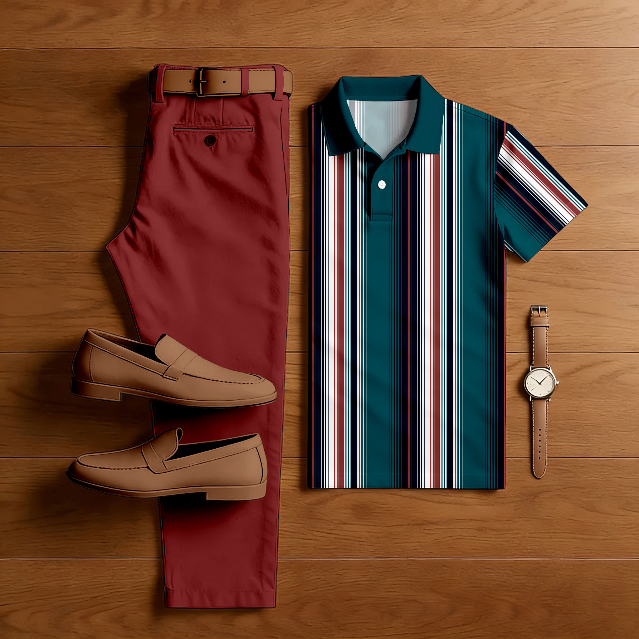 Conjunto de dos piezas casual Red Brown & Green Color Matching a rayas estampado de manga corta camisa polo & Trousers para hombre