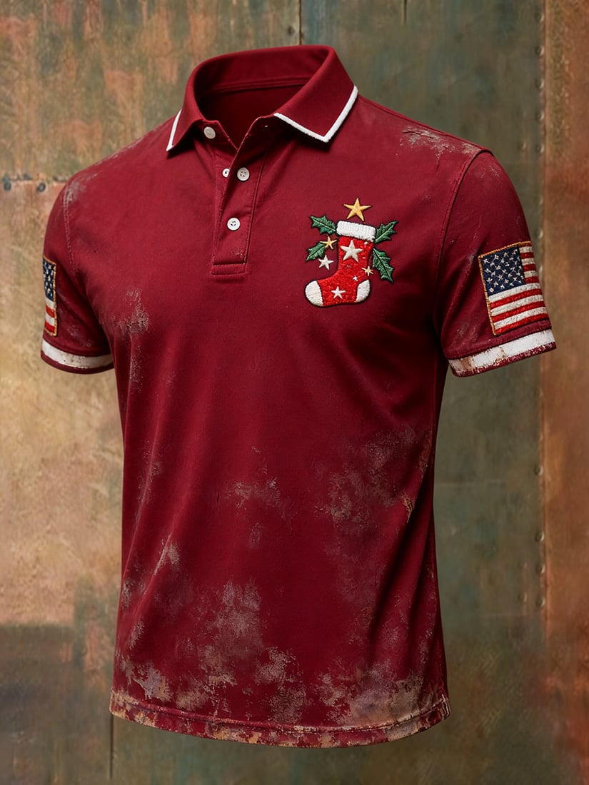 Camisa polo vintage Christmas American Flag con botones de manga corta para hombre