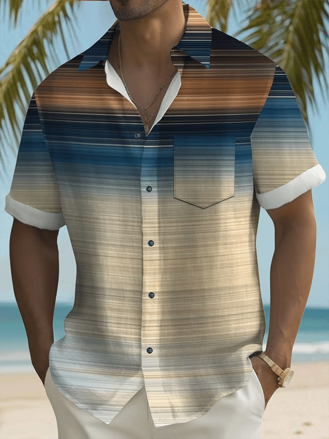 Camisa retro degradado geométrico Art estampado de manga corta bolsillos para hombre