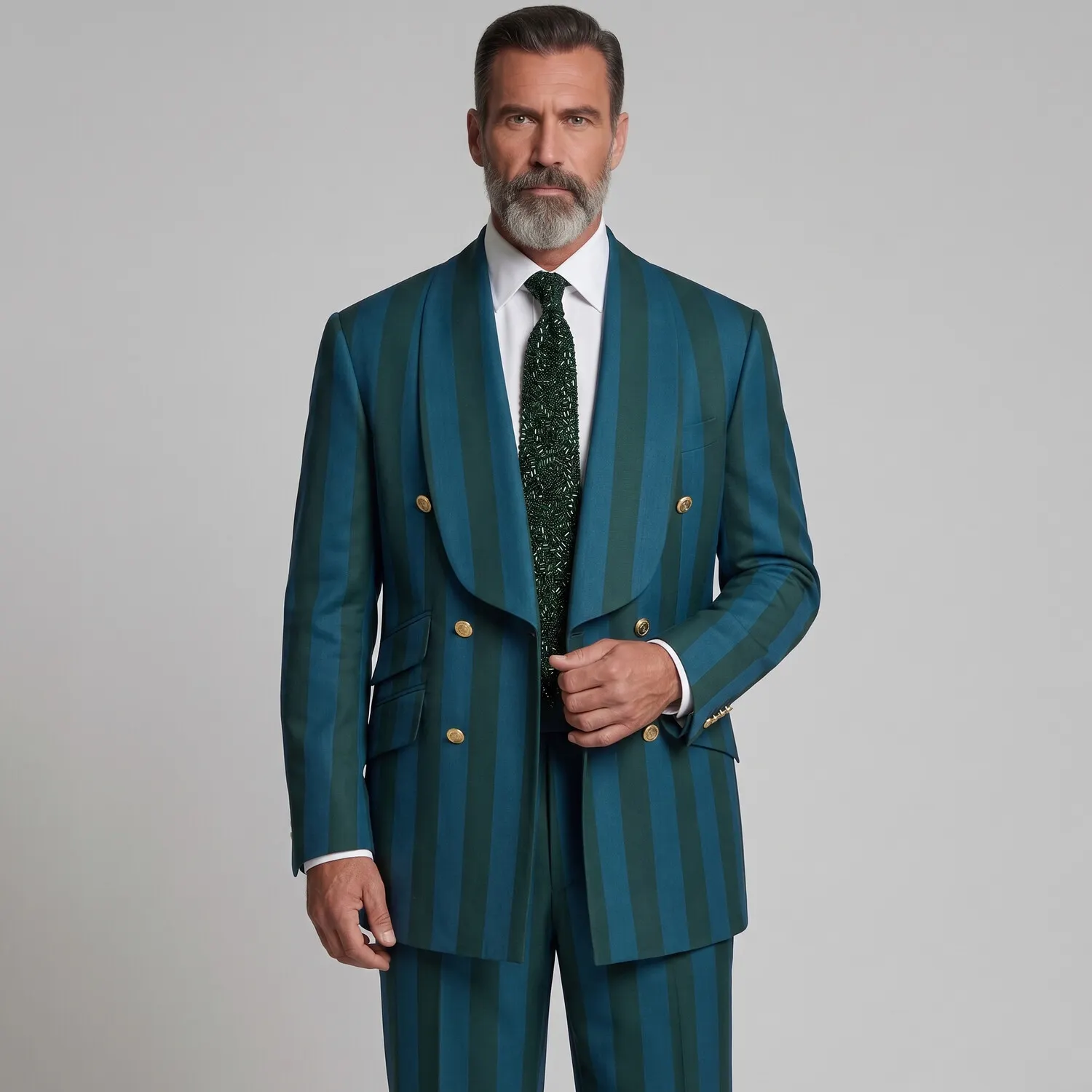 para hombre Teal Contrast a rayas Print Double-Breasted Shawl Lapel Party saco